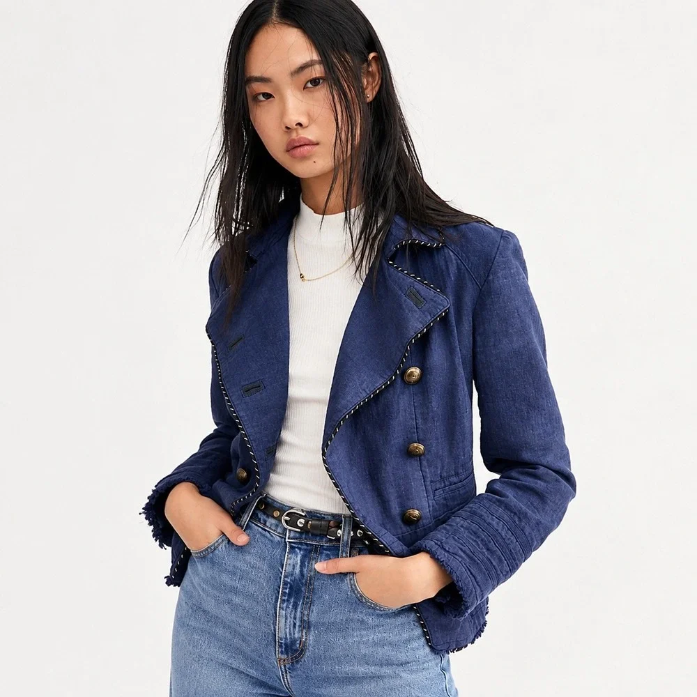 Free People Military Napoleon Jacket Blazer Women S Blue Double Breasted Linen